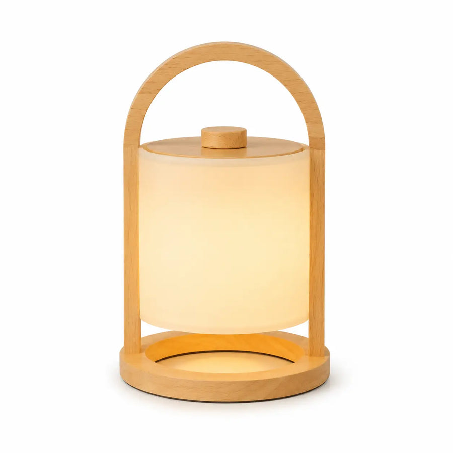 Oplaadbare Houten Tafellamp met Linnenmix Kap – Dimbaar – Lichtbruin