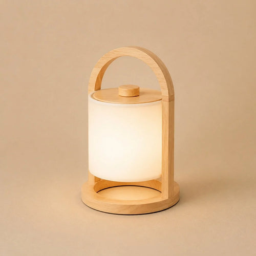 Oplaadbare Houten Tafellamp met Linnenmix Kap – Dimbaar – Lichtbruin