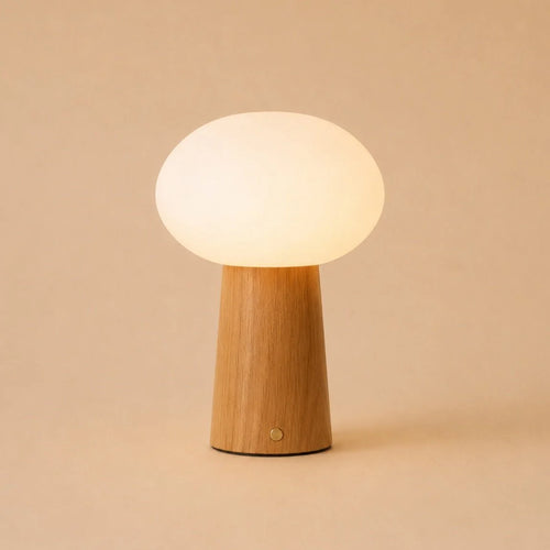 Draadloze Tafellamp van Rubberhout en Matglas – Dimbaar – Lichtbruin